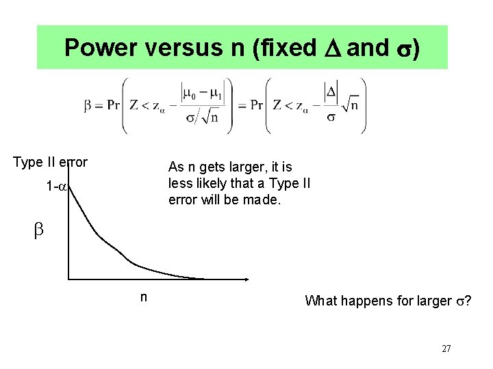 Power versus n (fixed and ) Type II error As n gets larger, it