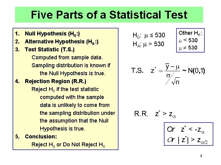 Five Parts of a Statistical Test 1. Null Hypothesis (H 0: ) 2. Alternative