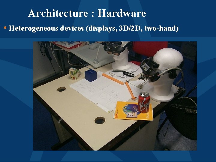 Architecture : Hardware • Heterogeneous devices (displays, 3 D/2 D, two-hand) 