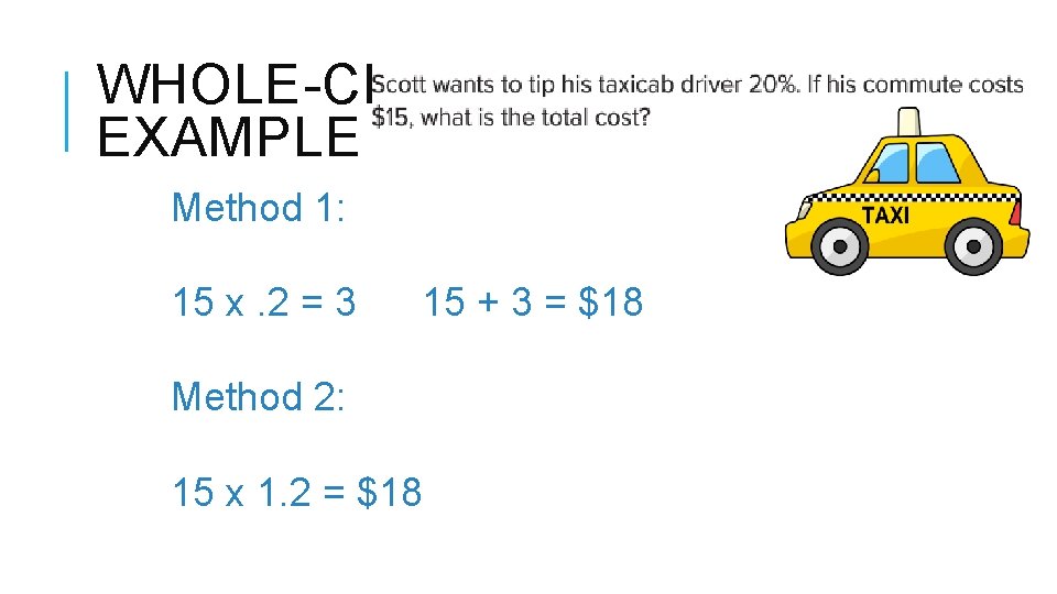 WHOLE-CLASS EXAMPLE Method 1: 15 x. 2 = 3 15 + 3 = $18 WHOLE-CLASS EXAMPLE Method 1: 15 x. 2 = 3 15 + 3 = $18
