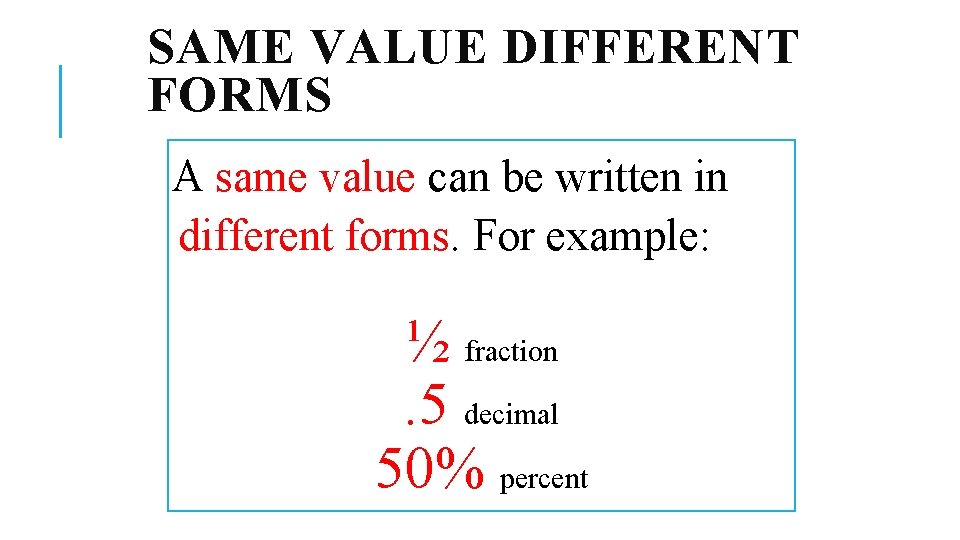 SAME VALUE DIFFERENT FORMS A same value can be written in different forms. For SAME VALUE DIFFERENT FORMS A same value can be written in different forms. For