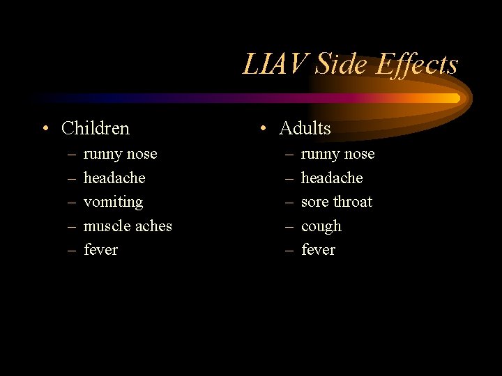 LIAV Side Effects • Children – – – runny nose headache vomiting muscle aches