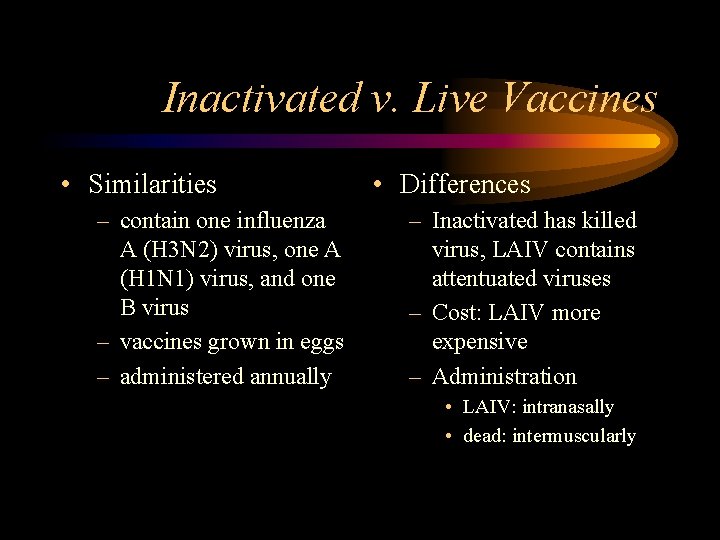 Inactivated v. Live Vaccines • Similarities – contain one influenza A (H 3 N