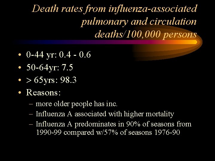 Death rates from influenza-associated pulmonary and circulation deaths/100, 000 persons • • 0 -44