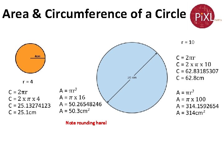 Area & Circumference of a Circle r = 10 r = 4 Note rounding