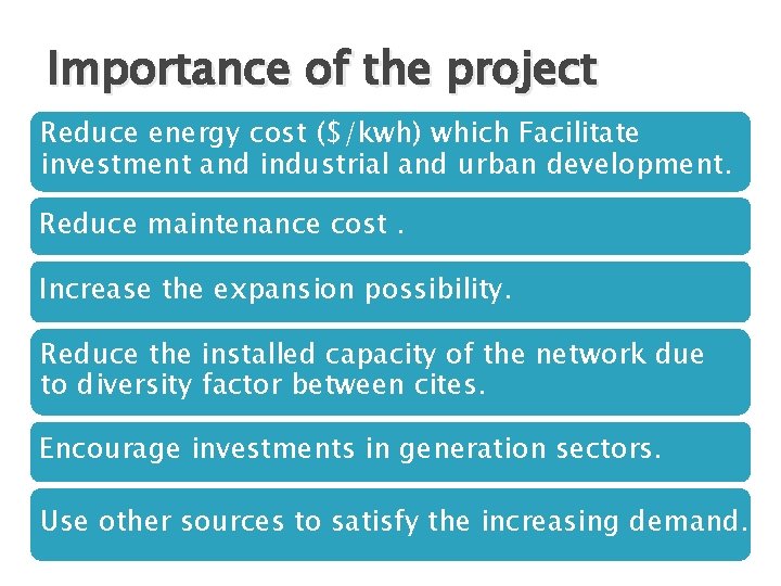 Importance of the project Reduce energy cost ($/kwh) which Facilitate investment and industrial and