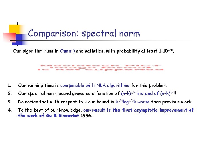 Comparison: spectral norm Our algorithm runs in O(mn 2) and satisfies, with probability at