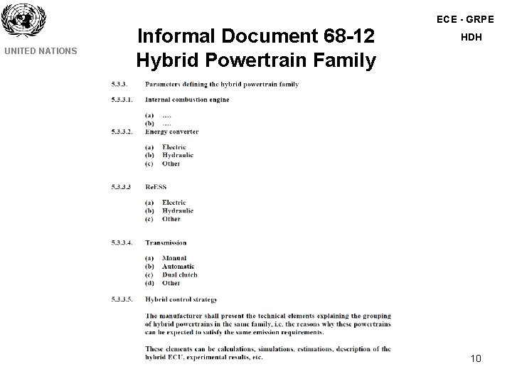 ECE - GRPE UNITED NATIONS Informal Document 68 -12 Hybrid Powertrain Family HDH 10 ECE - GRPE UNITED NATIONS Informal Document 68 -12 Hybrid Powertrain Family HDH 10