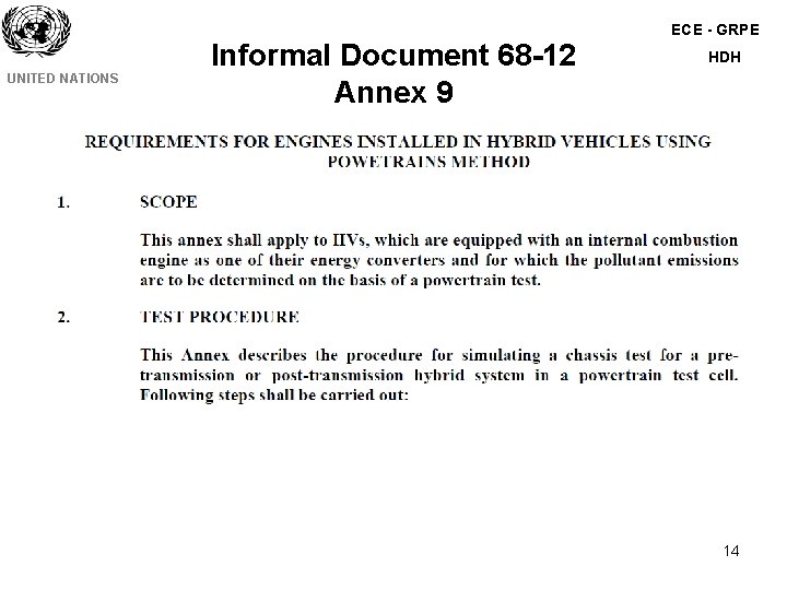 ECE - GRPE UNITED NATIONS Informal Document 68 -12 Annex 9 HDH 14 ECE - GRPE UNITED NATIONS Informal Document 68 -12 Annex 9 HDH 14