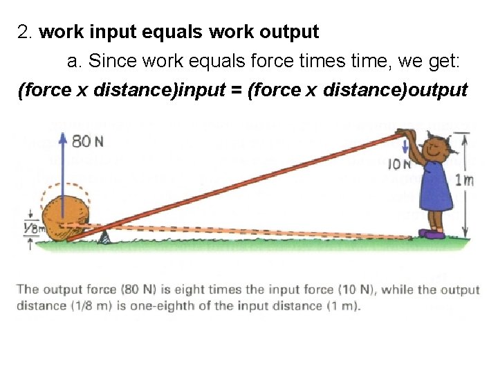 2. work input equals work output a. Since work equals force times time, we