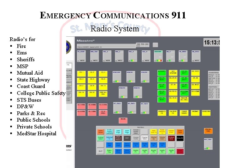 EMERGENCY COMMUNICATIONS 911 Radio System Radio’s for § Fire § Ems § Sheriffs §