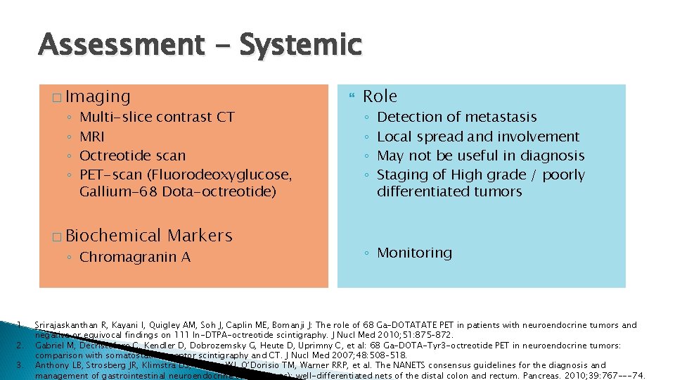 Assessment - Systemic � Imaging ◦ ◦ Multi-slice contrast CT MRI Octreotide scan PET-scan