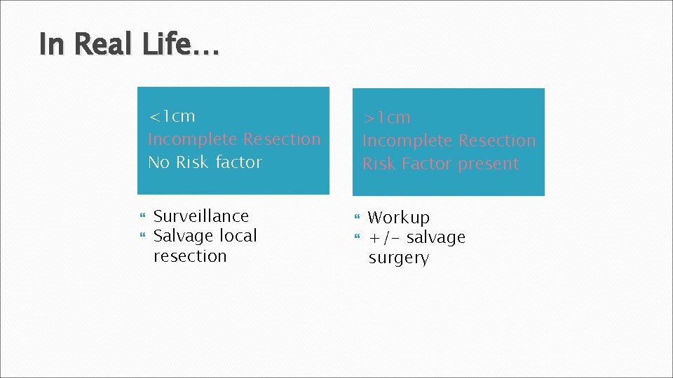 In Real Life… <1 cm Incomplete Resection No Risk factor Surveillance Salvage local resection