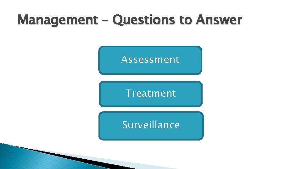 Management – Questions to Answer Assessment Treatment Surveillance 