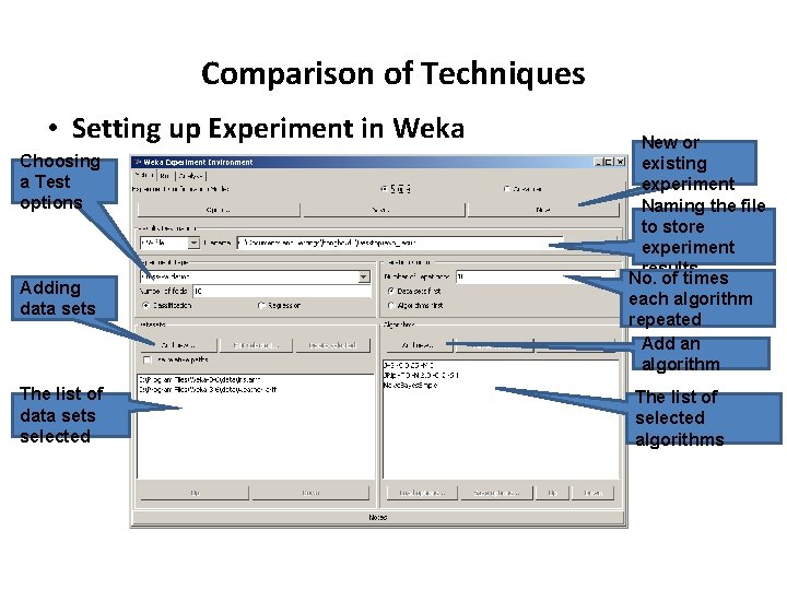 Comparison of Techniques • Setting up Experiment in Weka Choosing a Test options Adding