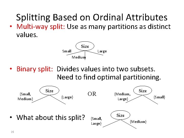 Splitting Based on Ordinal Attributes • Multi-way split: Use as many partitions as distinct