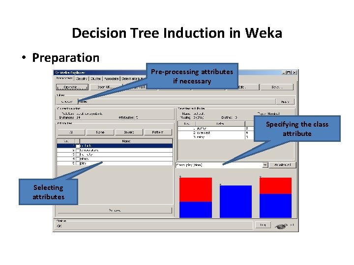 Decision Tree Induction in Weka • Preparation Pre-processing attributes if necessary Specifying the class