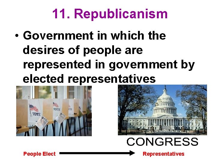 11. Republicanism • Government in which the desires of people are represented in government