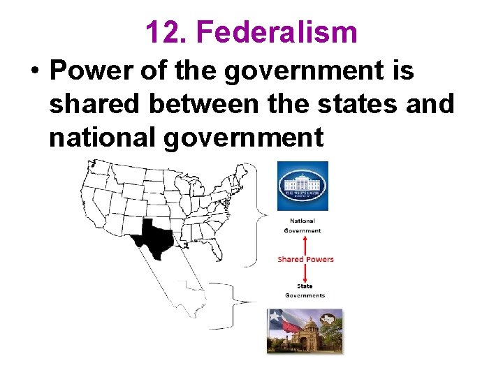 12. Federalism • Power of the government is shared between the states and national