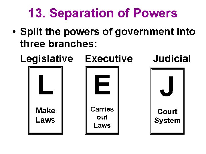 13. Separation of Powers • Split the powers of government into three branches: Legislative