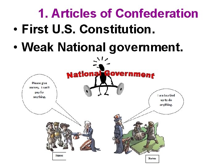 1. Articles of Confederation • First U. S. Constitution. • Weak National government. 