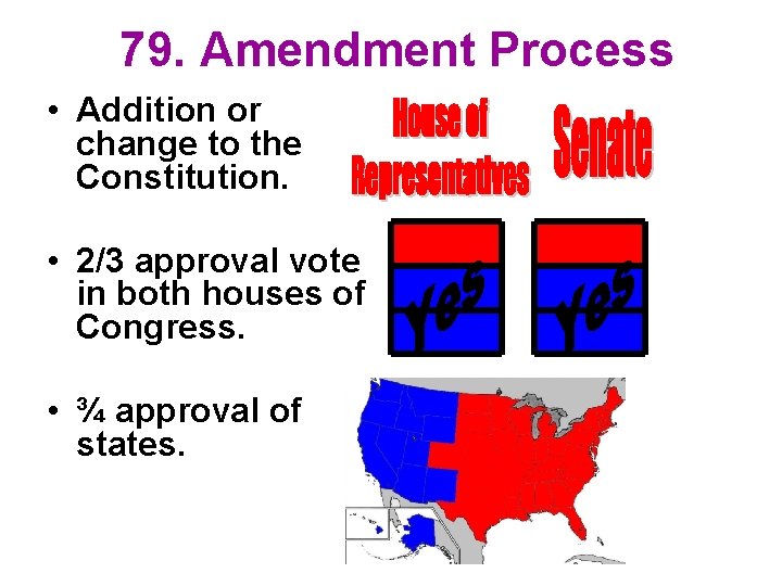 79. Amendment Process • Addition or change to the Constitution. • 2/3 approval vote