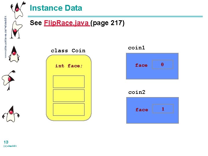www. site. uottawa. ca/~elsaddik Instance Data See Flip. Race. java (page 217) class Coin