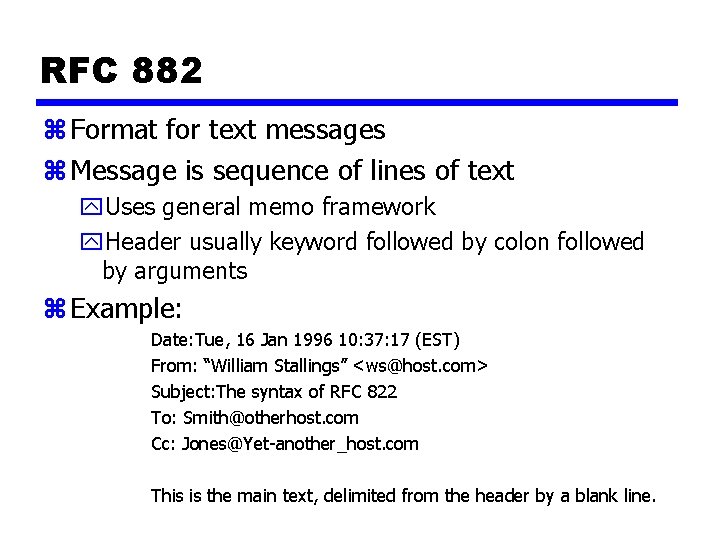 RFC 882 z Format for text messages z Message is sequence of lines of