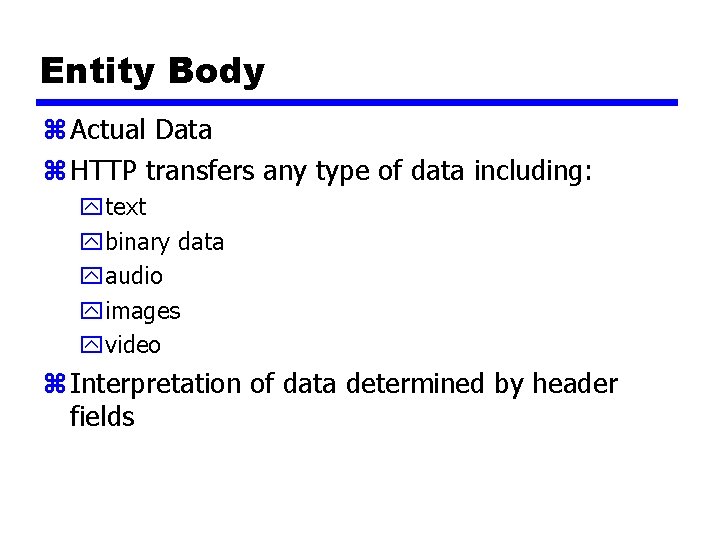 Entity Body z Actual Data z HTTP transfers any type of data including: ytext