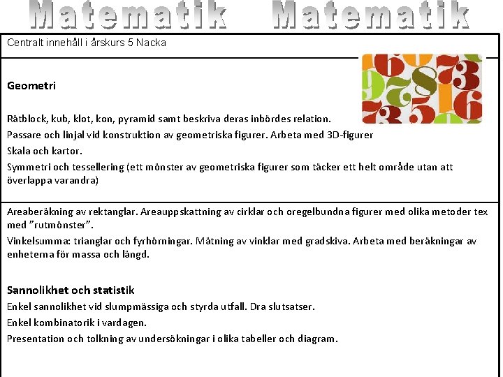 Centralt innehåll i årskurs 5 Nacka Geometri Rätblock, kub, klot, kon, pyramid samt beskriva