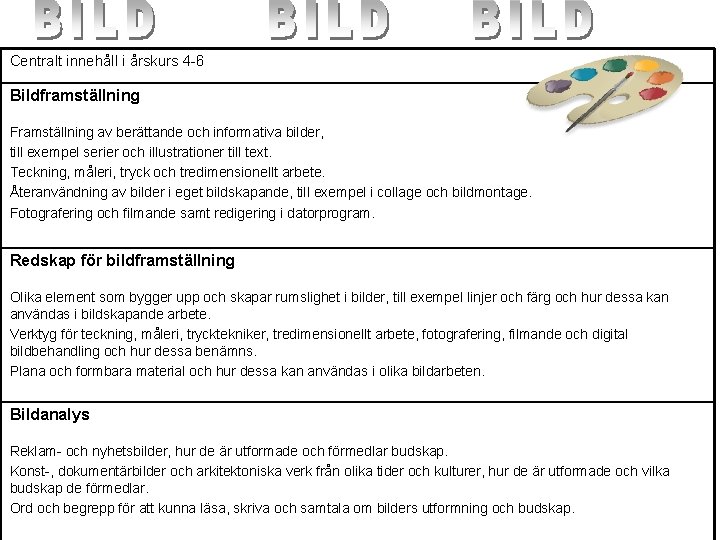 Centralt innehåll i årskurs 4 -6 Bildframställning Framställning av berättande och informativa bilder, till