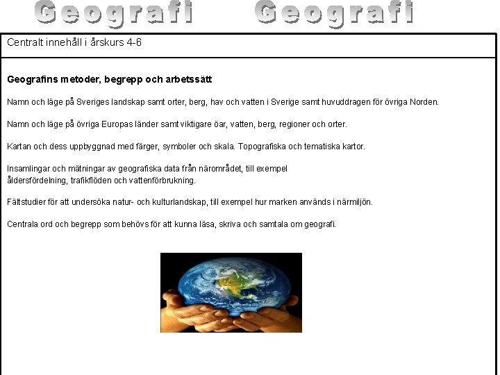 Centralt innehåll i årskurs 4 -6 Geografins metoder, begrepp och arbetssätt Namn och läge