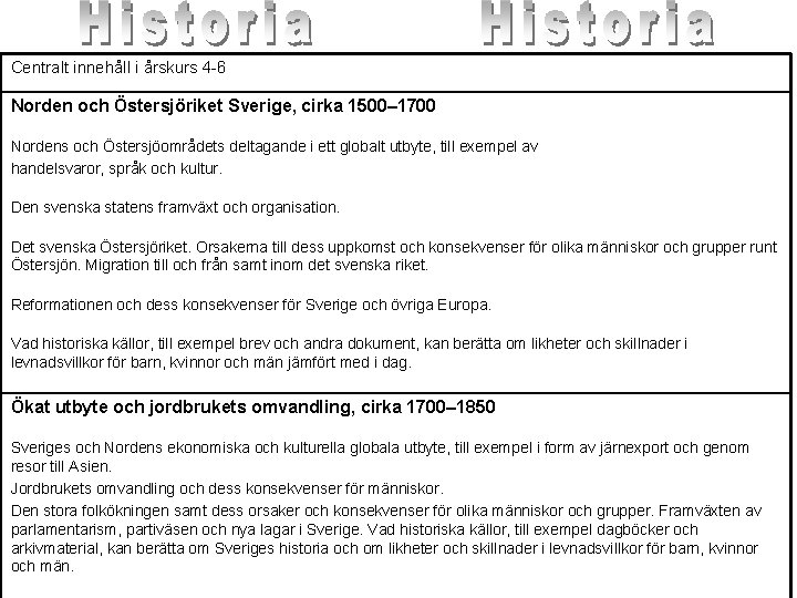 Centralt innehåll i årskurs 4 -6 Norden och Östersjöriket Sverige, cirka 1500– 1700 Nordens