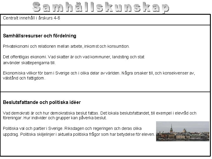 Centralt innehåll i årskurs 4 -6 Samhällsresurser och fördelning Privatekonomi och relationen mellan arbete,