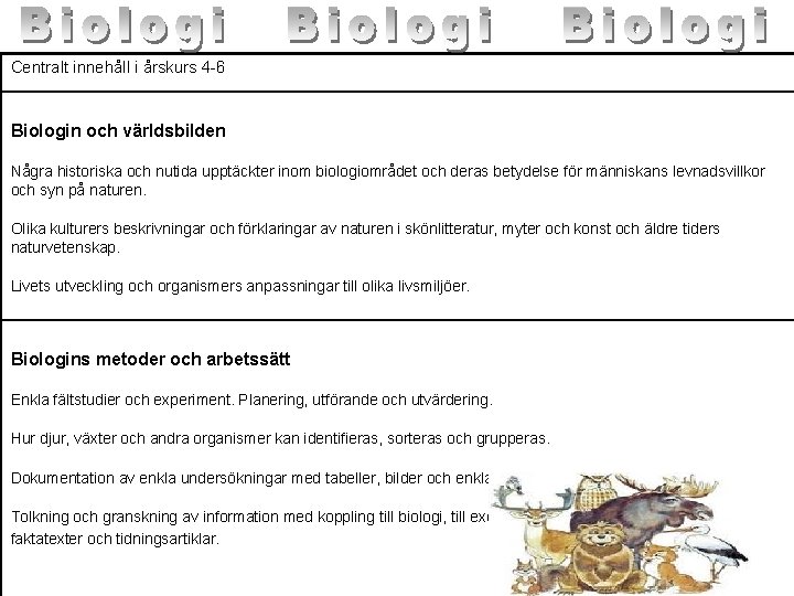 Centralt innehåll i årskurs 4 -6 Biologin och världsbilden Några historiska och nutida upptäckter