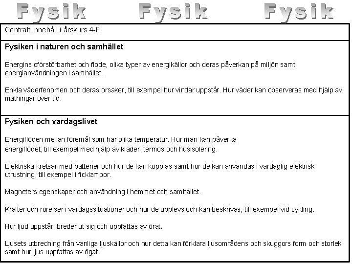 Centralt innehåll i årskurs 4 -6 Fysiken i naturen och samhället Energins oförstörbarhet och