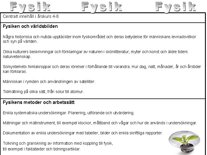 Centralt innehåll i årskurs 4 -6 Fysiken och världsbilden Några historiska och nutida upptäckter