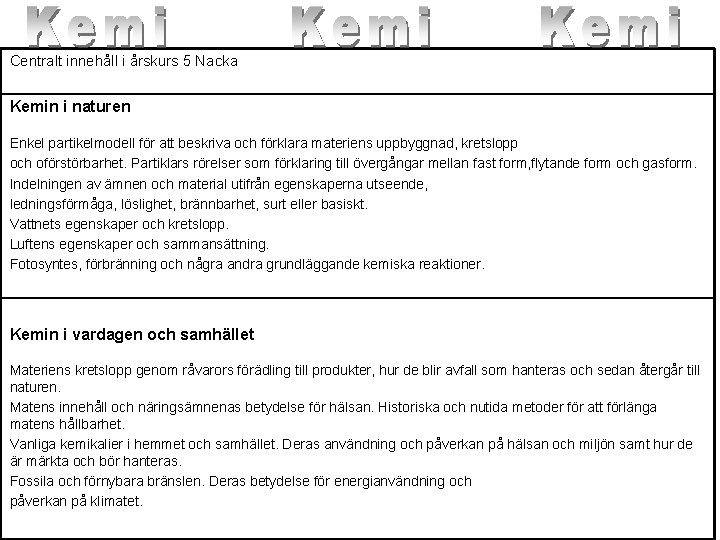 Centralt innehåll i årskurs 5 Nacka Kemin i naturen Enkel partikelmodell för att beskriva