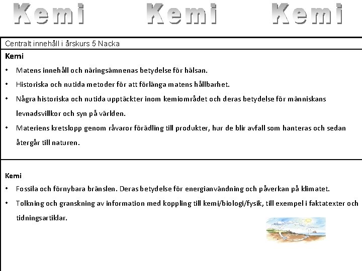 Centralt innehåll i årskurs 5 Nacka Kemi • Matens innehåll och näringsämnenas betydelse för