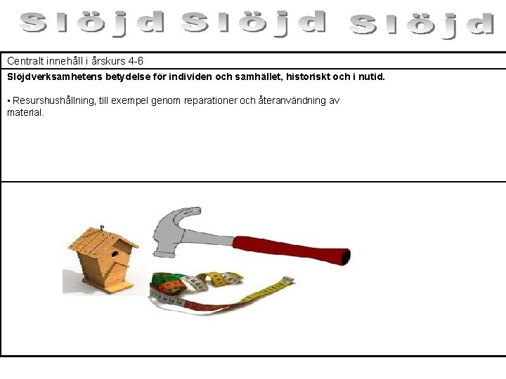 Centralt innehåll i årskurs 4 -6 Slöjdverksamhetens betydelse för individen och samhället, historiskt och