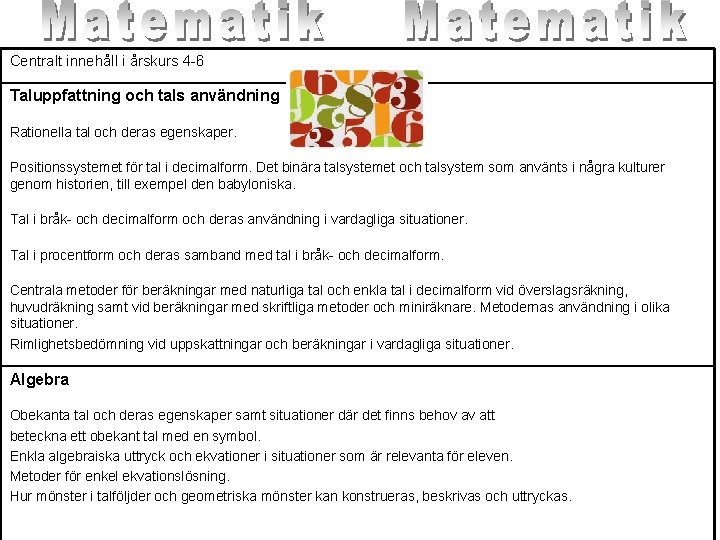 Centralt innehåll i årskurs 4 -6 Taluppfattning och tals användning Rationella tal och deras