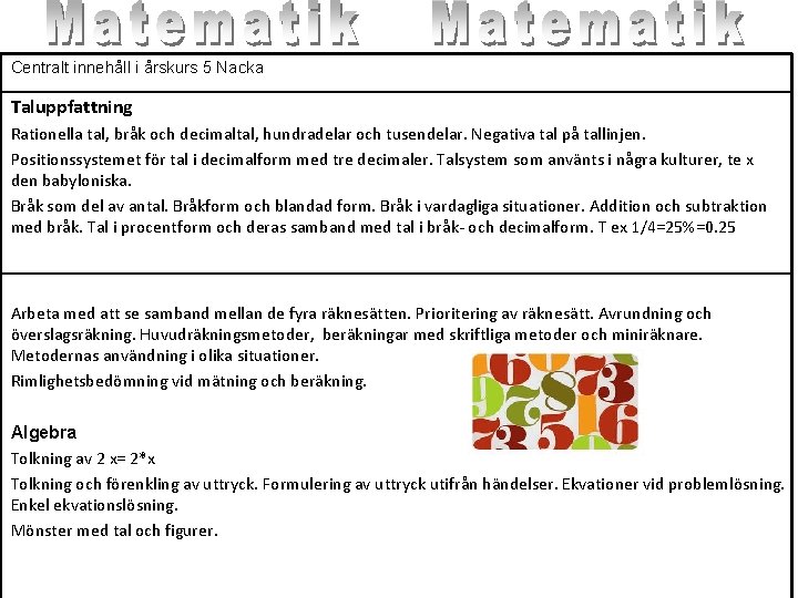 Centralt innehåll i årskurs 5 Nacka Taluppfattning Rationella tal, bråk och decimaltal, hundradelar och