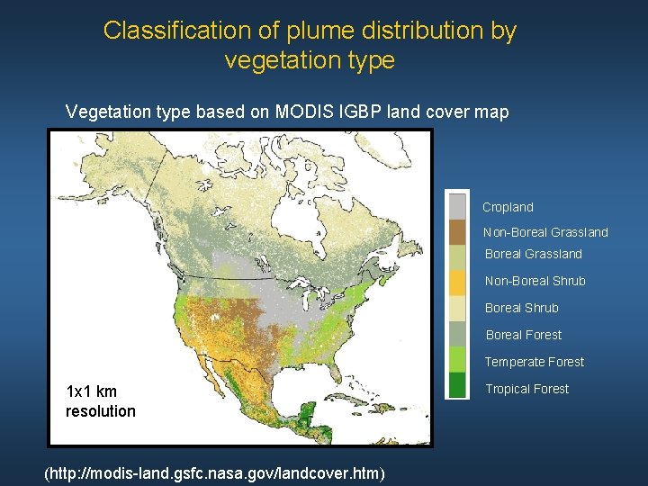 Classification of plume distribution by vegetation type Vegetation type based on MODIS IGBP land