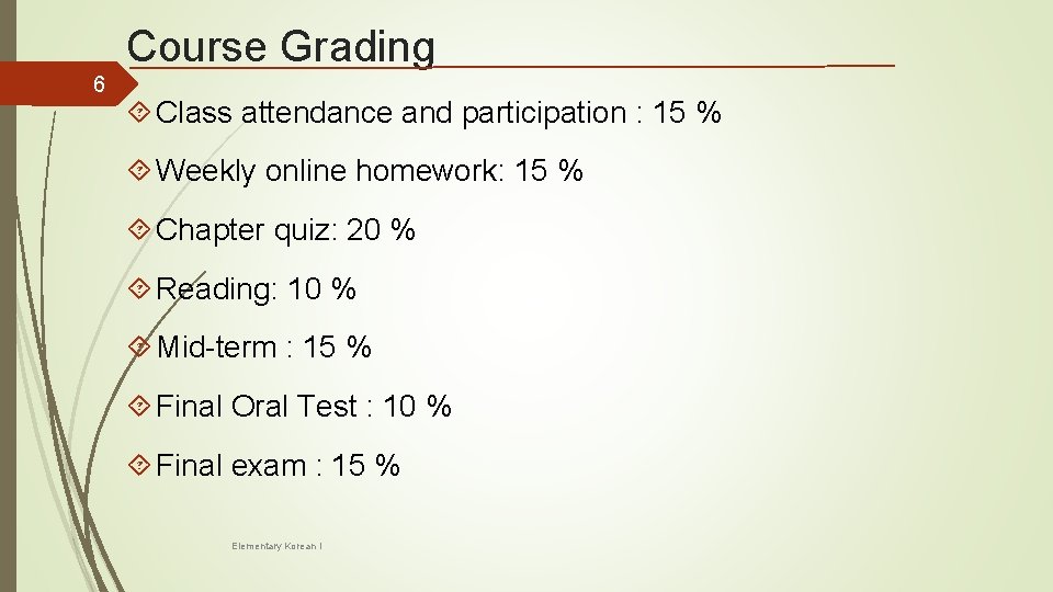 Course Grading 6 Class attendance and participation : 15 % Weekly online homework: 15