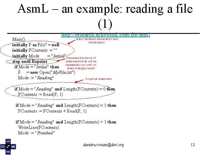 Asm. L – an example: reading a file (1) http: //research. microsoft. com/fse/asml State