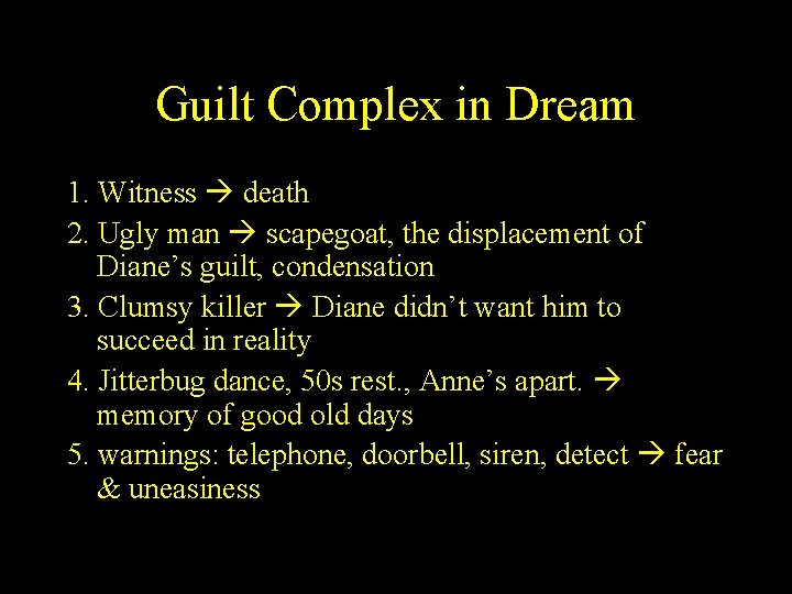 Guilt Complex in Dream 1. Witness death 2. Ugly man scapegoat, the displacement of