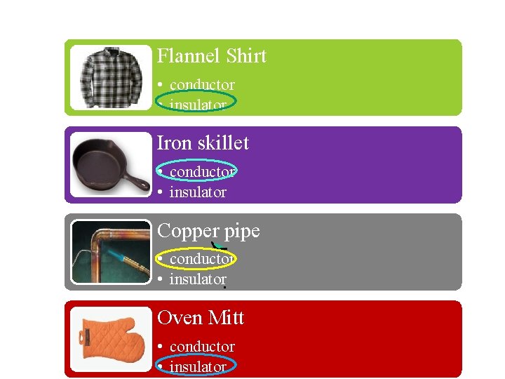 Flannel Shirt • conductor • insulator Iron skillet • conductor • insulator Copper pipe