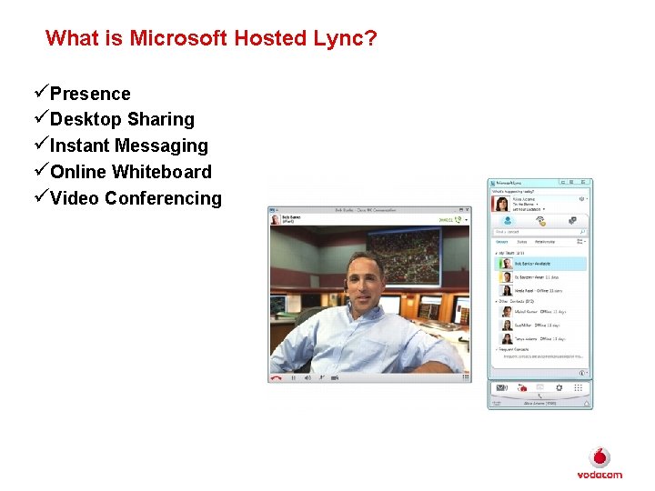 What is Microsoft Hosted Lync? üPresence üDesktop Sharing üInstant Messaging üOnline Whiteboard üVideo Conferencing