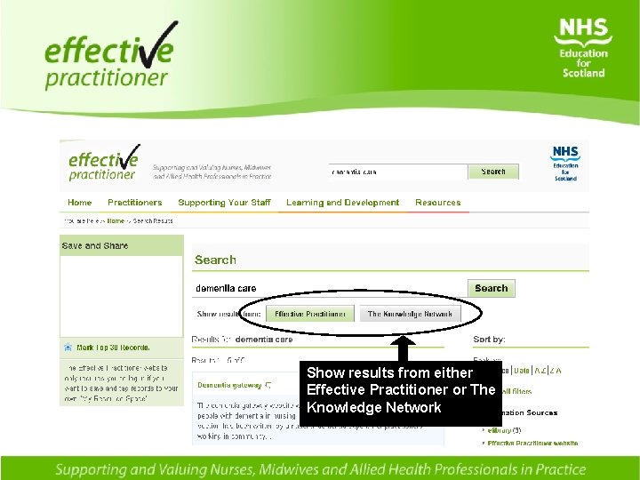 Show results from either Effective Practitioner or The Knowledge Network 