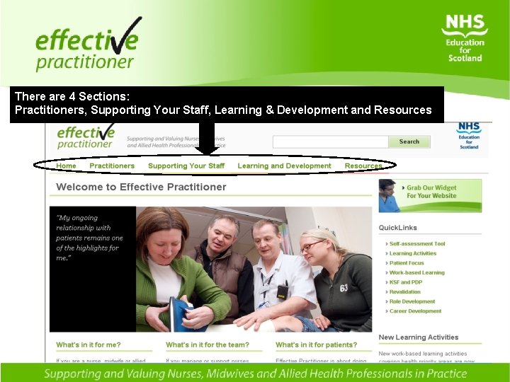 There are 4 Sections: Practitioners, Supporting Your Staff, Learning & Development and Resources Practitioner,